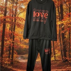 Women's Black and Red Love Sweatsuit Set Wording “Love All Day Every Day” NWOT.